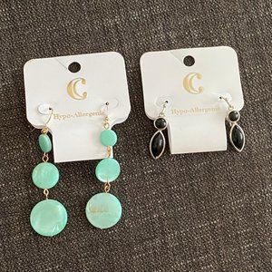 2 pair of Earrings, Black dangle pair, Mint Green dangle pair, New with tag